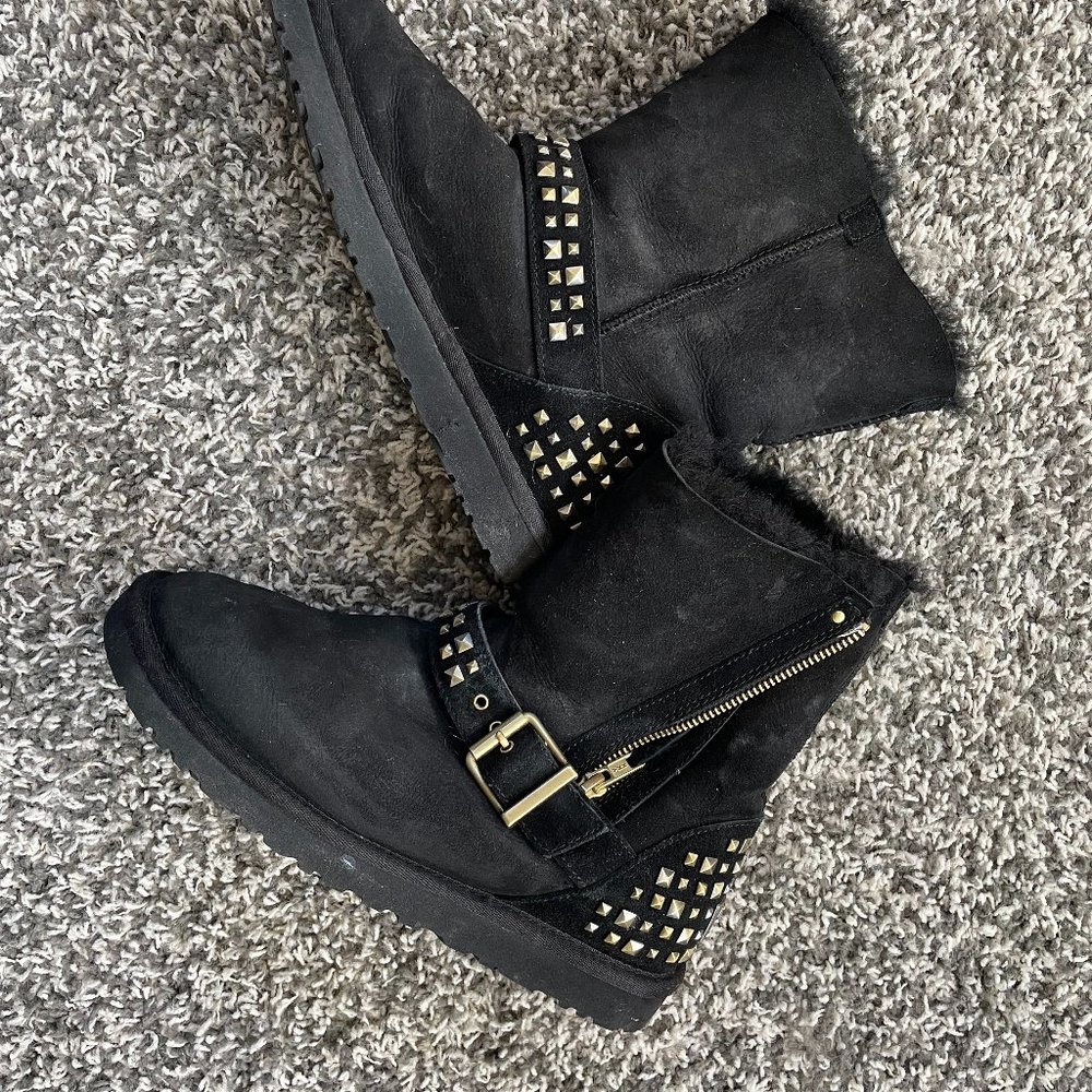 UGG *RARE* Black Studded Boots with Ankle Buckle Strap & Zipper - size 8